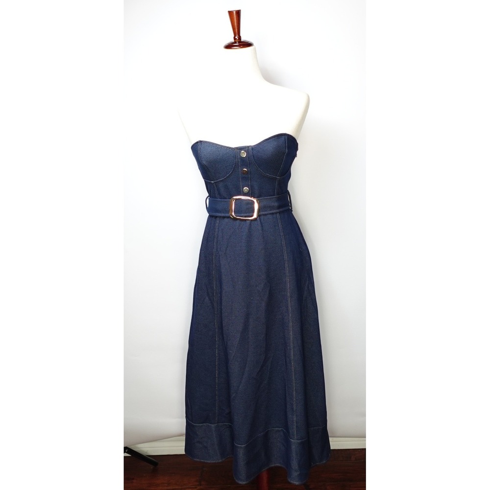 Zara Strapless Denim Midi Dress Dark Wash Belted Corset Bodice Indigo Blue - Picture 3 of 6